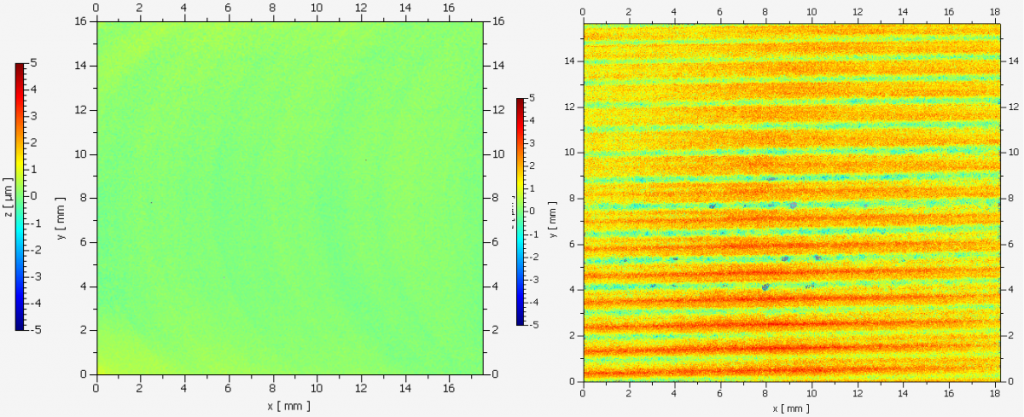 Probentopographie unter dem Weißlichtinterferometer: links mit stark ausgeprägten Schleifstrukturen, rechts mit deutlich reduzierten Schleifstrukturen durch Parameteroptimierung, Schleifprozess, VibroKI