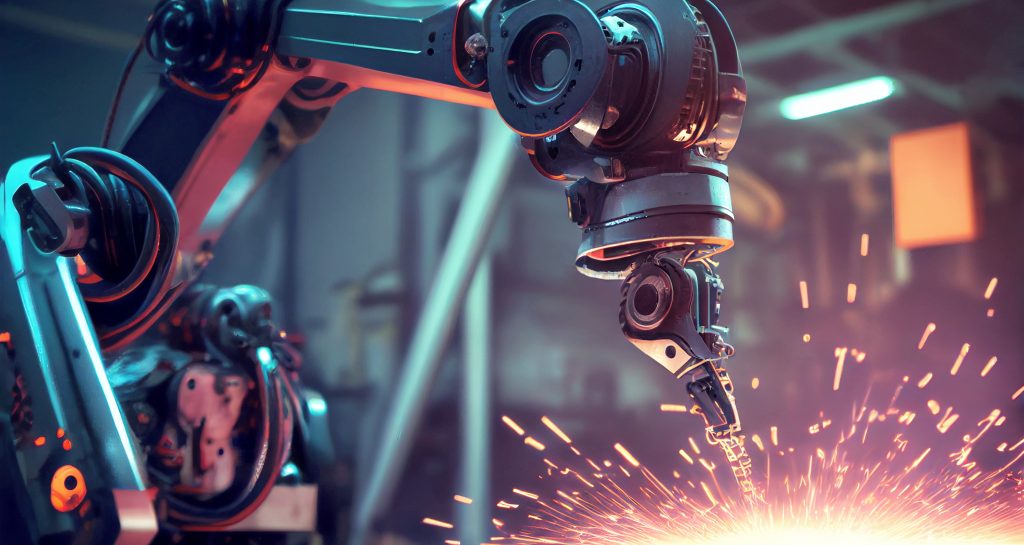 Industrieroboter in blau und orange, Digitalisierung 4.0 und Künstliche Intelligenz in der Produktion